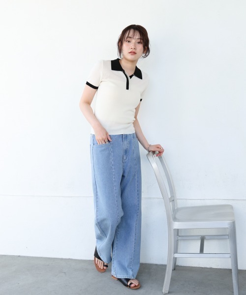 Bab（バブ）の「配色ポロ衿ニットプルオーバー（Tシャツ/カットソー・レディース・アイボリー/ネイビー・MEDIUM）」の8枚目の写真