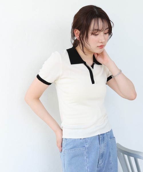 Bab（バブ）の「配色ポロ衿ニットプルオーバー（Tシャツ/カットソー・レディース・アイボリー/ネイビー・MEDIUM）」の9枚目の写真