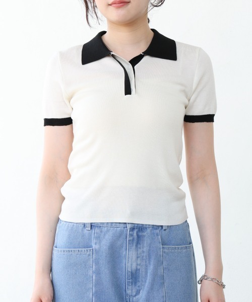 Bab（バブ）の「配色ポロ衿ニットプルオーバー（Tシャツ/カットソー・レディース・アイボリー/ネイビー・MEDIUM）」の12枚目の写真