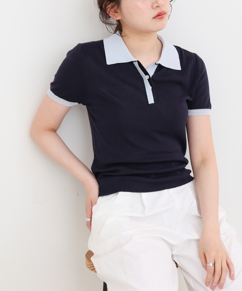Bab（バブ）の「配色ポロ衿ニットプルオーバー（Tシャツ/カットソー・レディース・アイボリー/ネイビー・MEDIUM）」の19枚目の写真