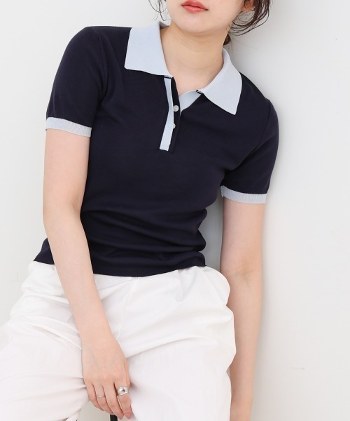 Bab（バブ）の「配色ポロ衿ニットプルオーバー（Tシャツ/カットソー・レディース・アイボリー/ネイビー・MEDIUM）」の22枚目の写真