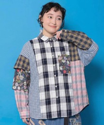 ScoLar | 161673：チェックorストライプ 総柄アシメパッチワークシャツ(シャツ/ブラウス)