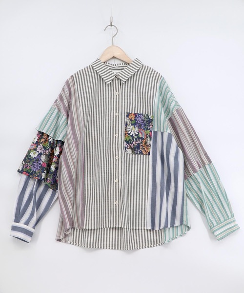 ScoLar（スカラー）の「161673：チェックorストライプ 総柄アシメパッチワークシャツ（シャツ/ブラウス・レディース・ブラック/ブルー・M）」の2枚目の写真