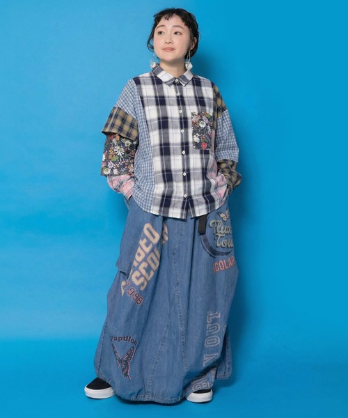 ScoLar（スカラー）の「161673：チェックorストライプ 総柄アシメパッチワークシャツ（シャツ/ブラウス・レディース・ブラック/ブルー・M）」の15枚目の写真