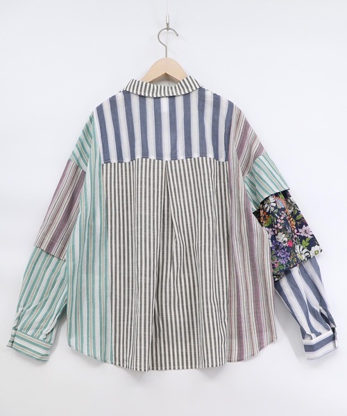 ScoLar（スカラー）の「161673：チェックorストライプ 総柄アシメパッチワークシャツ（シャツ/ブラウス・レディース・ブラック/ブルー・M）」の5枚目の写真