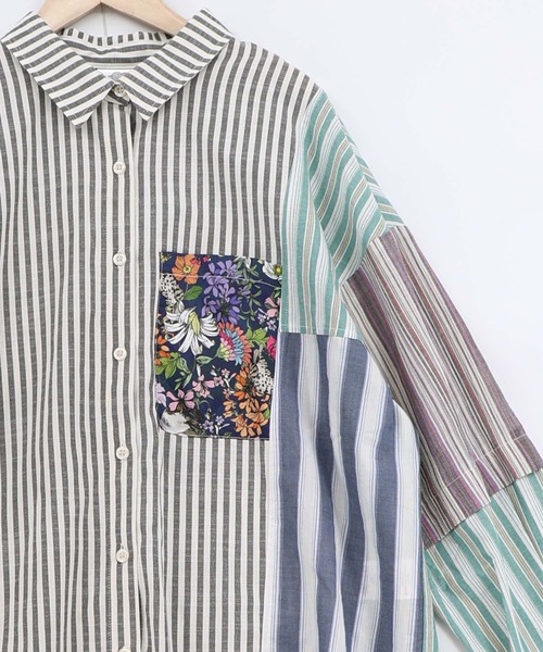 ScoLar（スカラー）の「161673：チェックorストライプ 総柄アシメパッチワークシャツ（シャツ/ブラウス・レディース・ブラック/ブルー・M）」の6枚目の写真