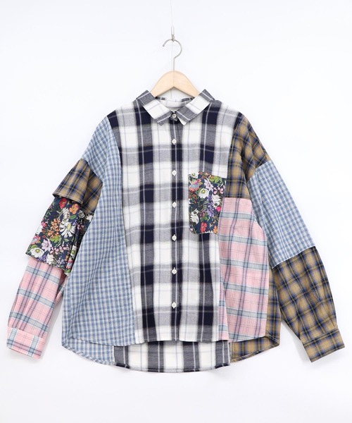 ScoLar（スカラー）の「161673：チェックorストライプ 総柄アシメパッチワークシャツ（シャツ/ブラウス・レディース・ブラック/ブルー・M）」の7枚目の写真