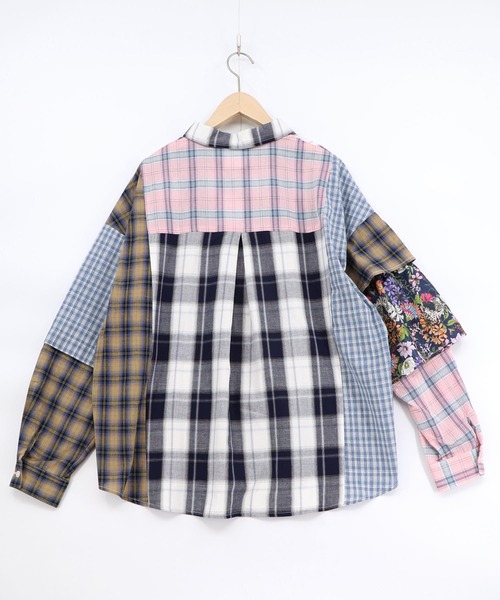 ScoLar（スカラー）の「161673：チェックorストライプ 総柄アシメパッチワークシャツ（シャツ/ブラウス・レディース・ブラック/ブルー・M）」の8枚目の写真