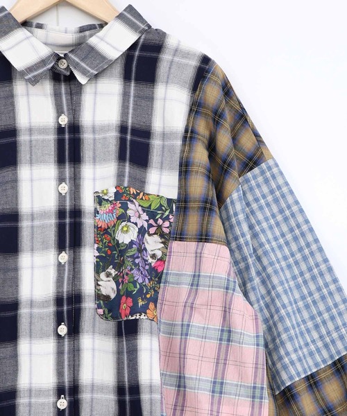 ScoLar（スカラー）の「161673：チェックorストライプ 総柄アシメパッチワークシャツ（シャツ/ブラウス・レディース・ブラック/ブルー・M）」の9枚目の写真