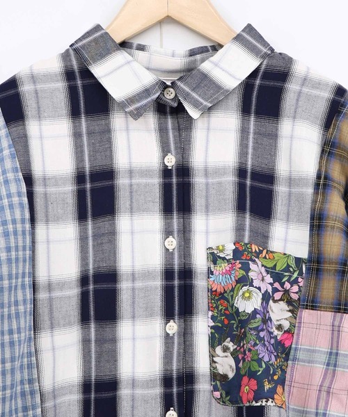ScoLar（スカラー）の「161673：チェックorストライプ 総柄アシメパッチワークシャツ（シャツ/ブラウス・レディース・ブラック/ブルー・M）」の10枚目の写真