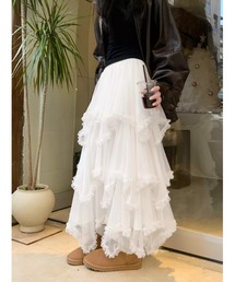 somnium（ソムニウム）の「チュールロングスカート / レディース ティアード ボリューム フリル フレアスカート 韓国ファッション（スカート）」