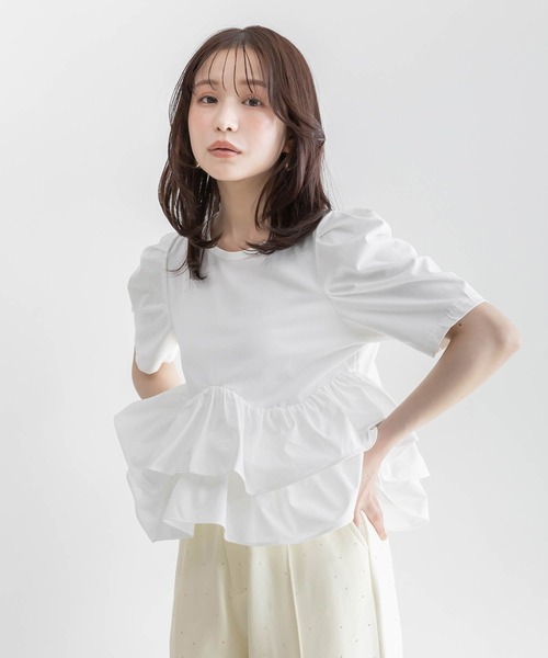 RANDA（ランダ）の「タフタフリルペプラムTシャツ（Tシャツ/カットソー・レディース・イエロー/ホワイト/グレー・FREE）」の2枚目の写真