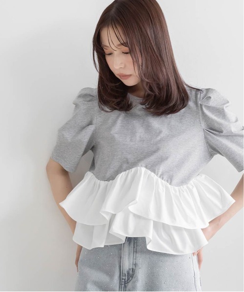 RANDA（ランダ）の「タフタフリルペプラムTシャツ（Tシャツ/カットソー・レディース・イエロー/ホワイト/グレー・FREE）」の4枚目の写真