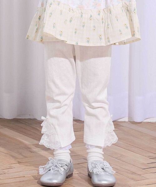 SLAP SLIP(スラップスリップ)の「裾チュールレース7分丈レギンス(80~120cm)(レギンス/スパッツ・キッズ・ホワイト/パープル・80cm/90cm/120cm/100cm/110cm)」の1枚目の写真