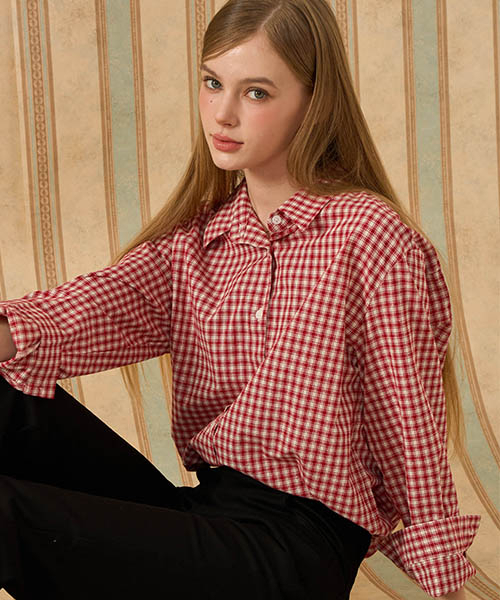 KOLEAT（コレット）の「デイリー外起毛クラシックオーバーサイズギンガムチェックシャツ[RED]長袖Tシャツver.（シャツ/ブラウス・レディース・その他・FREE）」の3枚目の写真