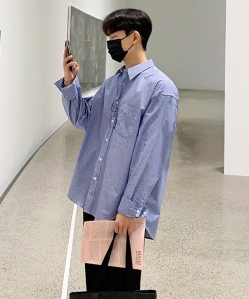 NOWLE(ノウル)の「【NOWLE】ストライプ レギュラーカラー ルーズシャツ / ブロードシャツ(シャツ/ブラウス・メンズ・ブルー/ブラック・MEDIUM/LARGE)」の3枚目の写真