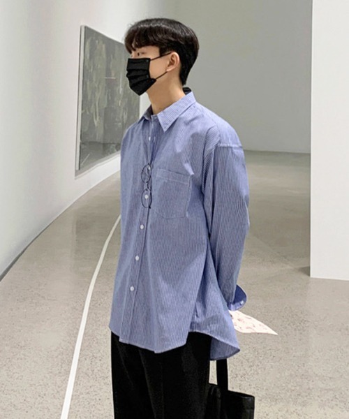 NOWLE(ノウル)の「【NOWLE】ストライプ レギュラーカラー ルーズシャツ / ブロードシャツ(シャツ/ブラウス・メンズ・ブルー/ブラック・MEDIUM/LARGE)」の5枚目の写真