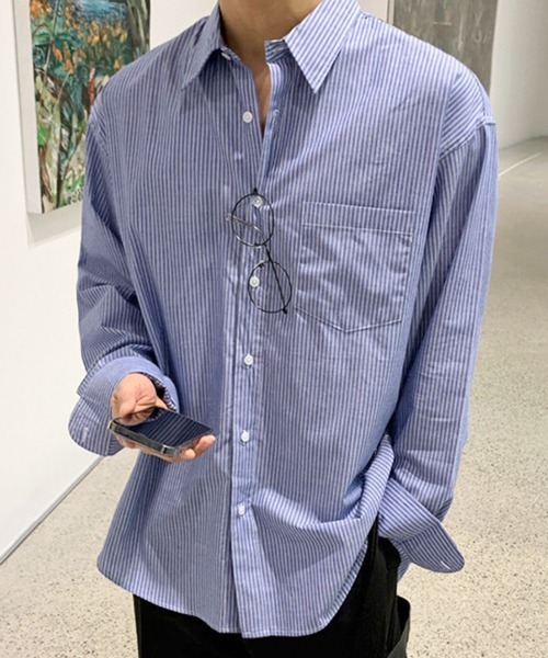 NOWLE(ノウル)の「【NOWLE】ストライプ レギュラーカラー ルーズシャツ / ブロードシャツ(シャツ/ブラウス・メンズ・ブルー/ブラック・MEDIUM/LARGE)」の10枚目の写真