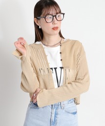 リネンタッチアクリル 透かし編みパッチワークカーディガン