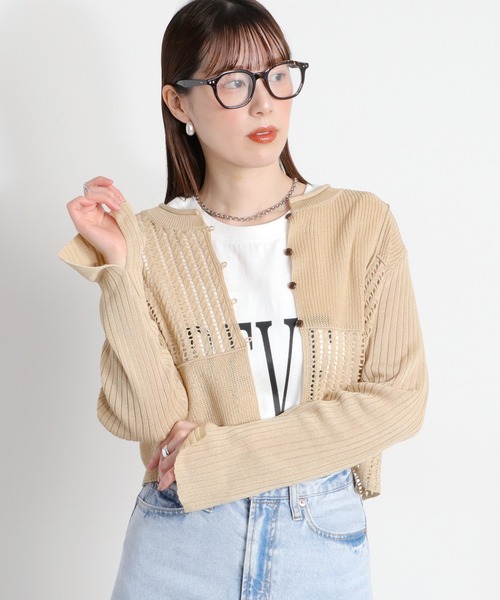 cepo(セポ)の「リネンタッチアクリル 透かし編みパッチワークカーディガン(カーディガン/ボレロ・レディース・オフホワイト/ブラック/ベージュ/オレンジ・M)」の3枚目の写真