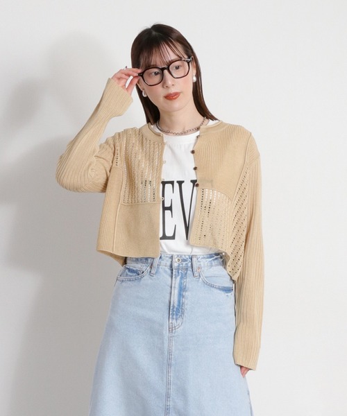 cepo(セポ)の「リネンタッチアクリル 透かし編みパッチワークカーディガン(カーディガン/ボレロ・レディース・オフホワイト/ブラック/ベージュ/オレンジ・M)」の12枚目の写真