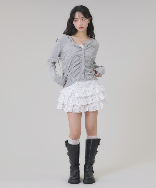 apres jour mignon(アプレジュールミニョン)の「シャーリングカットカーディガン(カーディガン/ボレロ・レディース・ネイビー/杢グレー/オフホワイト・フリー/LARGE)」の5枚目の写真