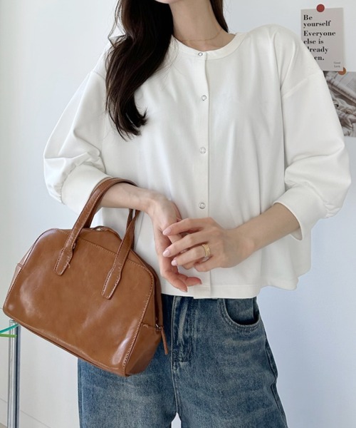 umune(ウムネ)の「カーディガン 半袖 クルーネック スナップボタン トップス ライトアウター 羽織り 無地 カジュアル シンプル 秋(カーディガン/ボレロ・レディース・オフホワイト/ブラック/ライトブルー・FREE)」の22枚目の写真