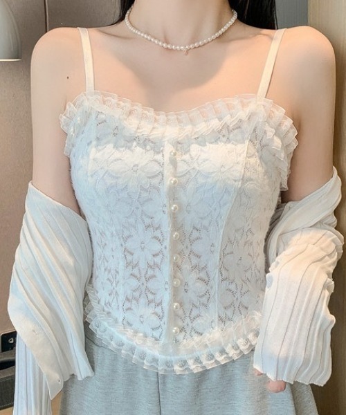 Mejoul(メジュール)の「【2026春夏新作】カップ付パールボタンレース切り替えコルセット風キャミソール(キャミソール・レディース・ホワイト/ブラック・F)」の3枚目の写真