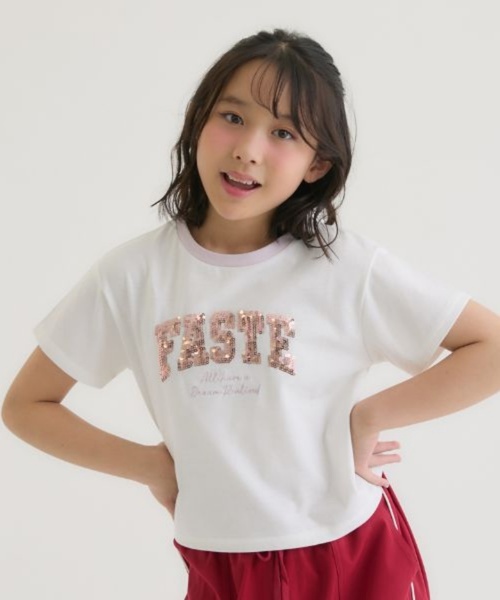 PINK-latte(ピンクラテ)の「【接触冷感】キラキラカレッジリンガー半袖Tシャツ(Tシャツ/カットソー・キッズ・ミント/チャコール/オフホワイト/ライトピンク・120cm/140cm/150cm/160cm/130cm)」の2枚目の写真
