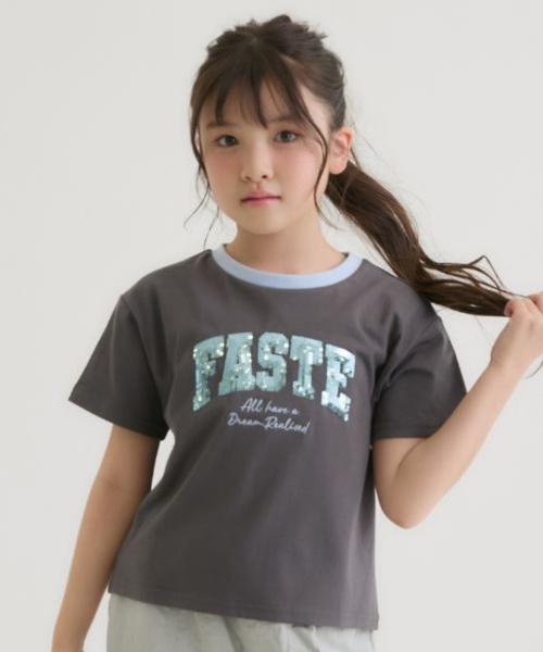 PINK-latte(ピンクラテ)の「【接触冷感】キラキラカレッジリンガー半袖Tシャツ(Tシャツ/カットソー・キッズ・ミント/チャコール/オフホワイト/ライトピンク・120cm/140cm/150cm/160cm/130cm)」の3枚目の写真