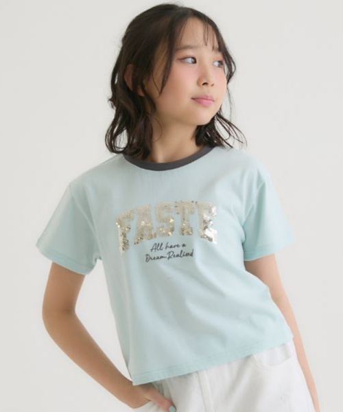 PINK-latte(ピンクラテ)の「【接触冷感】キラキラカレッジリンガー半袖Tシャツ(Tシャツ/カットソー・キッズ・ミント/チャコール/オフホワイト/ライトピンク・120cm/140cm/150cm/160cm/130cm)」の1枚目の写真