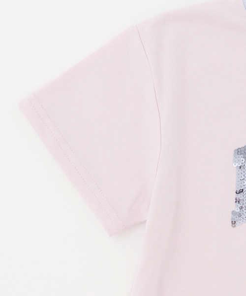 PINK-latte(ピンクラテ)の「【接触冷感】キラキラカレッジリンガー半袖Tシャツ(Tシャツ/カットソー・キッズ・ミント/チャコール/オフホワイト/ライトピンク・120cm/140cm/150cm/160cm/130cm)」の7枚目の写真