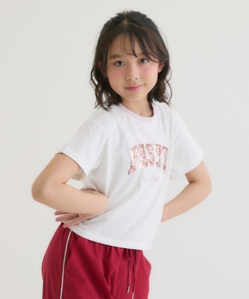 PINK-latte(ピンクラテ)の「【接触冷感】キラキラカレッジリンガー半袖Tシャツ(Tシャツ/カットソー・キッズ・ミント/チャコール/オフホワイト/ライトピンク・120cm/140cm/150cm/160cm/130cm)」の18枚目の写真