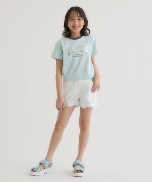 PINK-latte(ピンクラテ)の「【接触冷感】キラキラカレッジリンガー半袖Tシャツ(Tシャツ/カットソー・キッズ・ミント/チャコール/オフホワイト/ライトピンク・120cm/140cm/150cm/160cm/130cm)」の19枚目の写真
