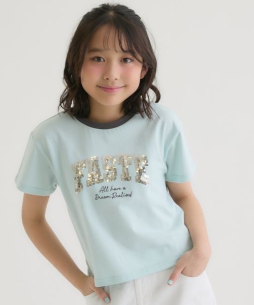 PINK-latte(ピンクラテ)の「【接触冷感】キラキラカレッジリンガー半袖Tシャツ(Tシャツ/カットソー・キッズ・ミント/チャコール/オフホワイト/ライトピンク・120cm/140cm/150cm/160cm/130cm)」の21枚目の写真