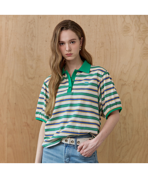 MAXZA(マージャコレクション)の「カラー配色ストライプカラーネックパフスリーブTシャツ(Tシャツ/カットソー・レディース・ネイビー/グリーン・FREE)」の1枚目の写真