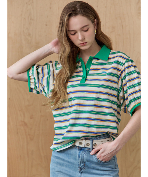 MAXZA(マージャコレクション)の「カラー配色ストライプカラーネックパフスリーブTシャツ(Tシャツ/カットソー・レディース・ネイビー/グリーン・FREE)」の3枚目の写真
