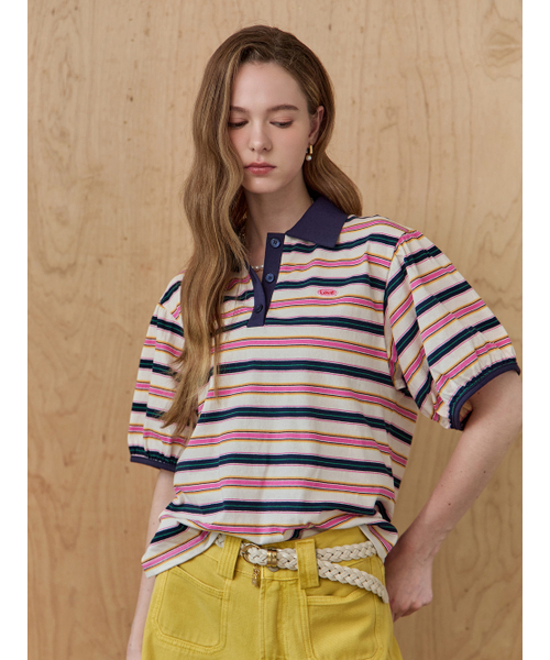 MAXZA(マージャコレクション)の「カラー配色ストライプカラーネックパフスリーブTシャツ(Tシャツ/カットソー・レディース・ネイビー/グリーン・FREE)」の4枚目の写真