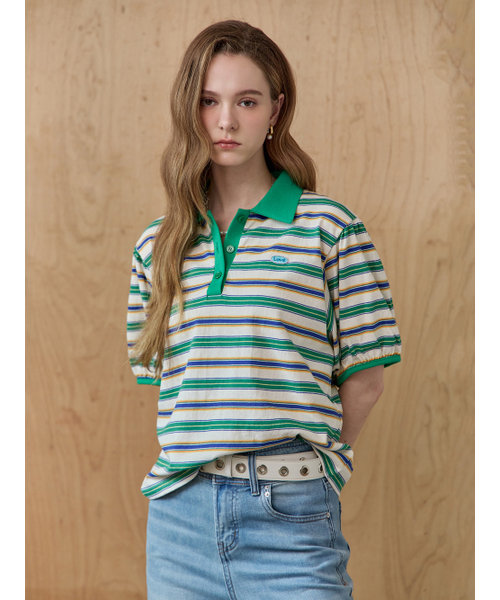 MAXZA(マージャコレクション)の「カラー配色ストライプカラーネックパフスリーブTシャツ(Tシャツ/カットソー・レディース・ネイビー/グリーン・FREE)」の5枚目の写真