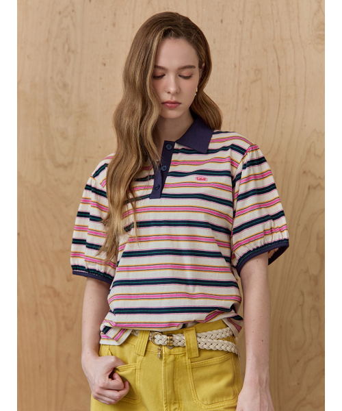 MAXZA(マージャコレクション)の「カラー配色ストライプカラーネックパフスリーブTシャツ(Tシャツ/カットソー・レディース・ネイビー/グリーン・FREE)」の6枚目の写真