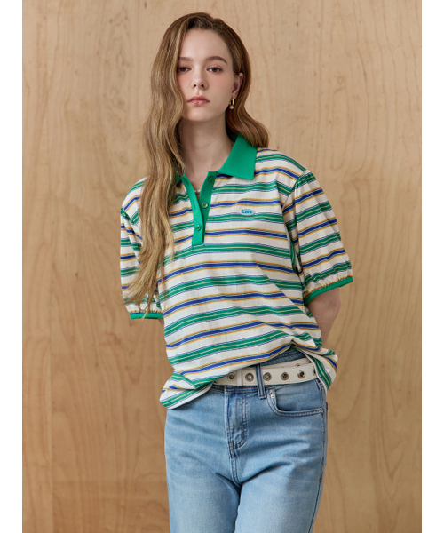 MAXZA(マージャコレクション)の「カラー配色ストライプカラーネックパフスリーブTシャツ(Tシャツ/カットソー・レディース・ネイビー/グリーン・FREE)」の7枚目の写真