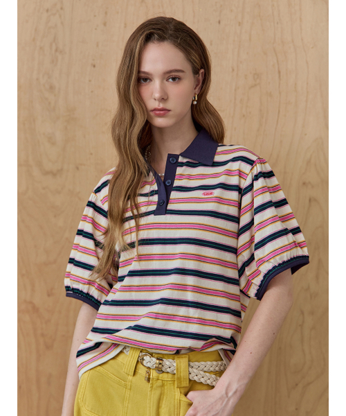MAXZA(マージャコレクション)の「カラー配色ストライプカラーネックパフスリーブTシャツ(Tシャツ/カットソー・レディース・ネイビー/グリーン・FREE)」の8枚目の写真