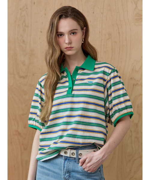 MAXZA(マージャコレクション)の「カラー配色ストライプカラーネックパフスリーブTシャツ(Tシャツ/カットソー・レディース・ネイビー/グリーン・FREE)」の9枚目の写真