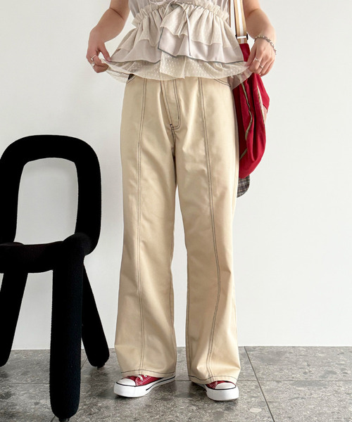 DOUBLE NAME(ダブルネーム)の「クロスウエストデザイン配色ステッチパンツ(その他パンツ・レディース・ベージュ/ブラック・FREE)」の6枚目の写真