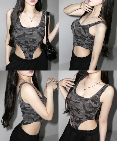 me+em select(ミームセレクト)の「【 2color 】ヴィンテージカモフラボディスーツタンク/ Vintage camouflage bodysuit tank(タンクトップ・レディース・グレー/カーキ・FREE)」の6枚目の写真