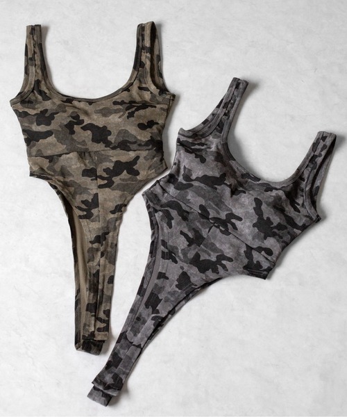 me+em select(ミームセレクト)の「【 2color 】ヴィンテージカモフラボディスーツタンク/ Vintage camouflage bodysuit tank(タンクトップ・レディース・グレー/カーキ・FREE)」の4枚目の写真