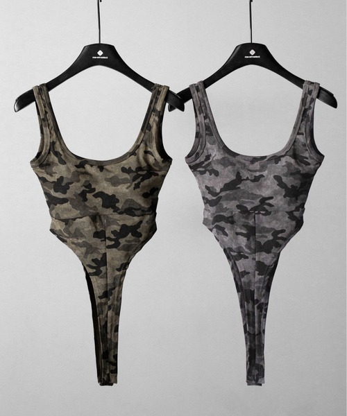 me+em select(ミームセレクト)の「【 2color 】ヴィンテージカモフラボディスーツタンク/ Vintage camouflage bodysuit tank(タンクトップ・レディース・グレー/カーキ・FREE)」の3枚目の写真