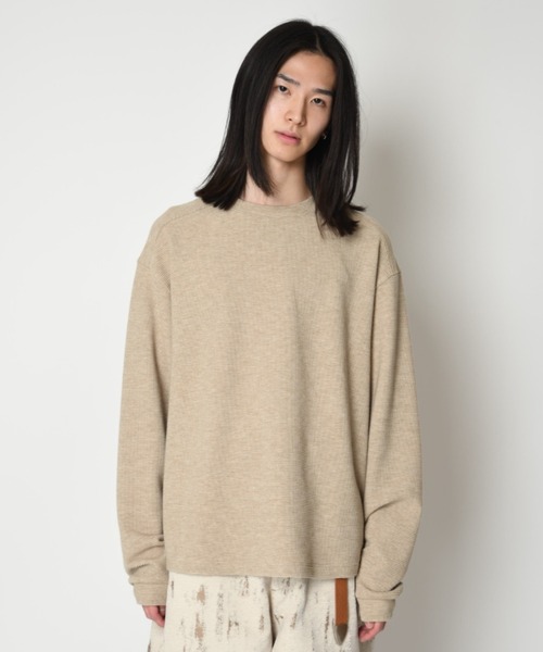 SUPERTHANKS（スーパーサンクス）の「ワッフル素材バックプリント　クルーネックロングスリーブ　Waffle crew neck L/S T-shirt (back print)（Tシャツ/カットソー・メンズ・ピンク/グレー/ブラック/ベージュ・L/S/M）」の7枚目の写真
