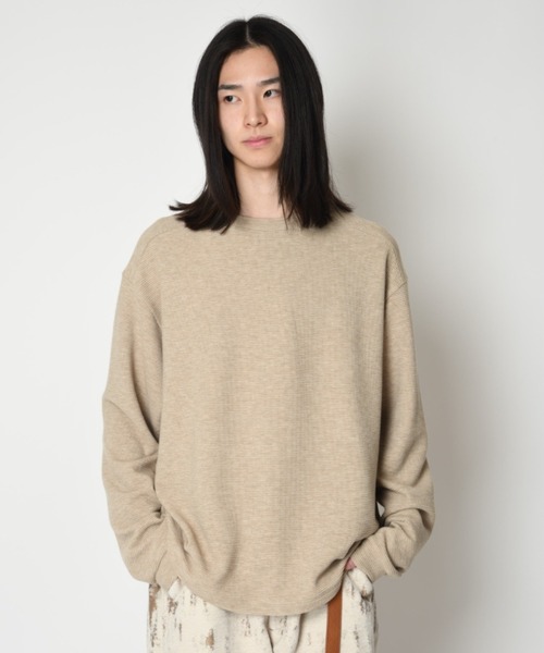 SUPERTHANKS（スーパーサンクス）の「ワッフル素材バックプリント　クルーネックロングスリーブ　Waffle crew neck L/S T-shirt (back print)（Tシャツ/カットソー・メンズ・ピンク/グレー/ブラック/ベージュ・L/S/M）」の8枚目の写真