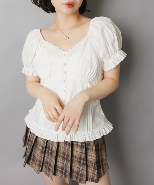 SPINNS（スピンズ）の「半袖ブラウス/パフスリーブ/タックフリル（シャツ/ブラウス・レディース・ホワイト/ブラック・ONESIZE）」の10枚目の写真